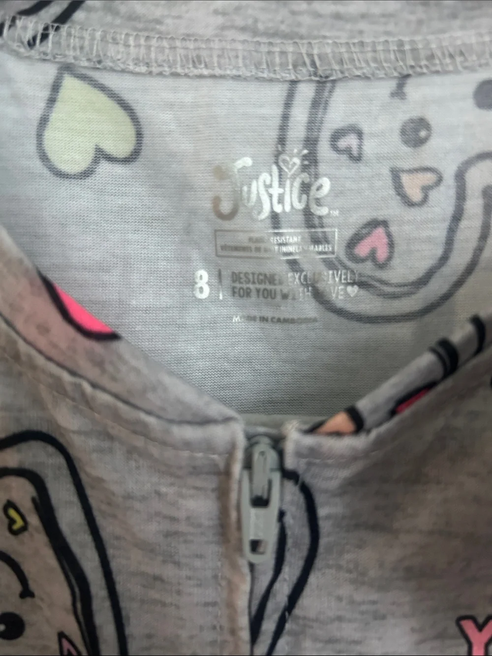 Justice Gray Heart Pizza Graphic One-Piece Pajamas with Pink Accents